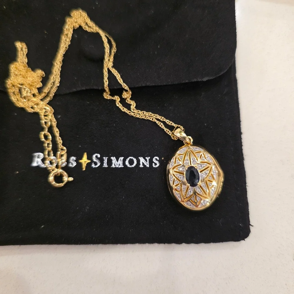 Ross-Simons .40Carat Sapphire Locket Necklace 1 Diamond, 18kt Gold Over Sterling - Picture 8 of 9